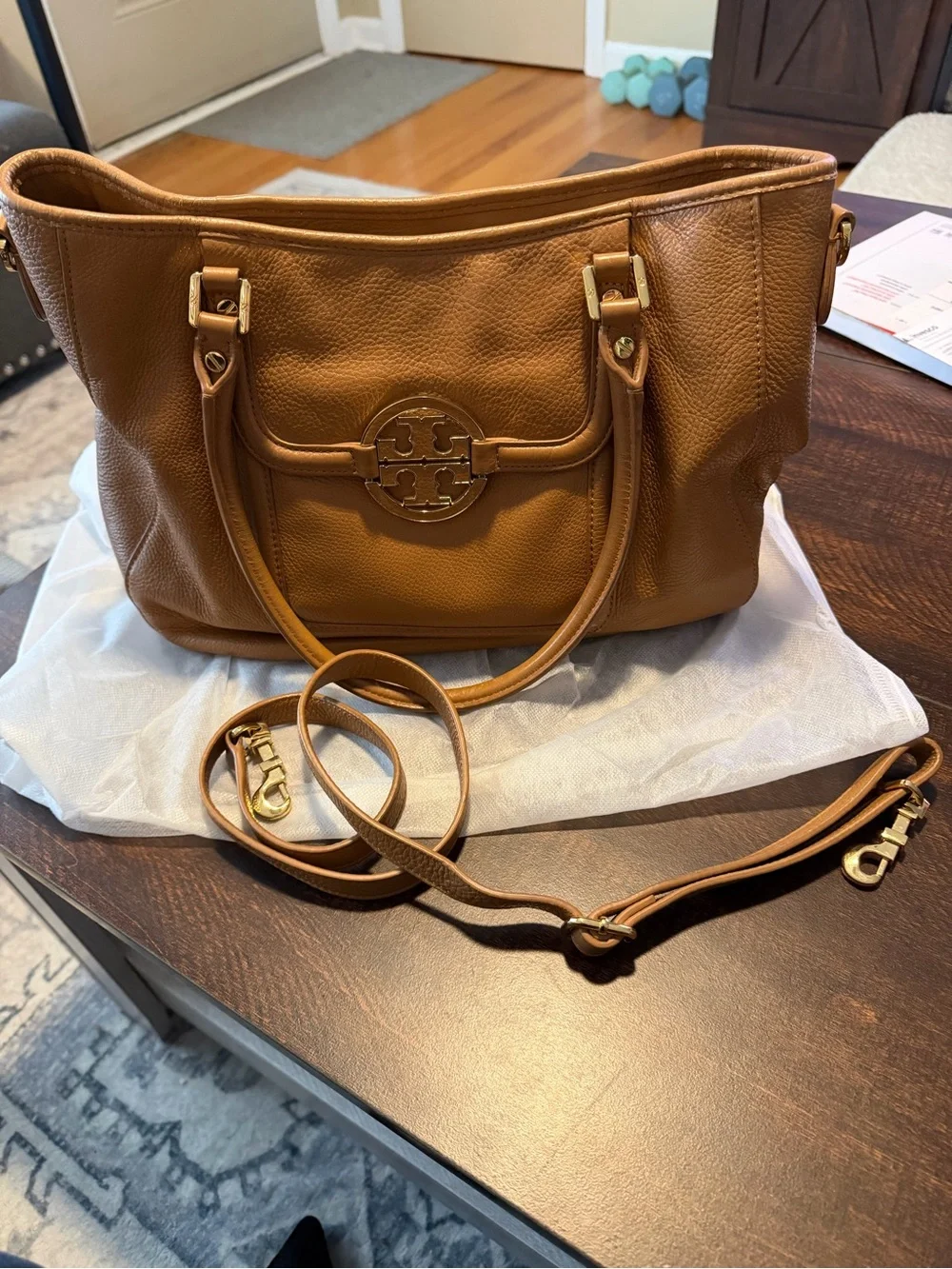 Tory Burch Tan Pebbled Leather Tote with Logo Medallion